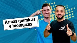 "Armas químicas e biológicas" escrito sobre fundo azul ao lado da imagem dos professores