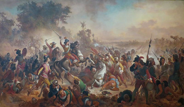 Ilustração da Batalha de Guararapes ocorrida durante as invasões holandesas.