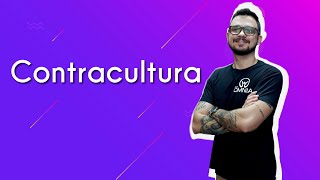 "Contracultura" escrito sobre fundo roxo ao lado da imagem do professor
