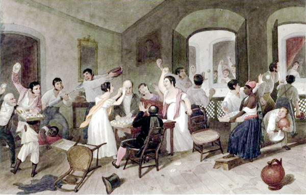 Pintura retratando o entrudo, prática que faz parte da história do Carnaval no Brasil.