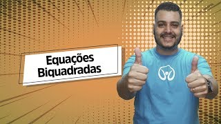 "Equações Biquadradas" escrito sobre fundo laranja ao lado da imagem do professor