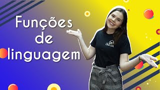 "Funções de linguagem" escrito sobre fundo colorido ao lado da imagem da professora