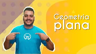 "Geometria Plana" escrito sobre fundo amarelo ao lado da imagem do professor