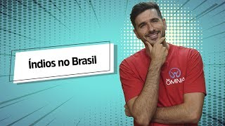 "Índios no Brasil" escrito sobre fundo azul ao lado da imagem do professor