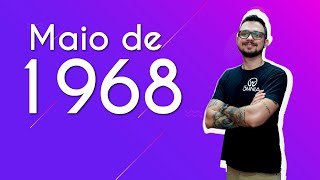"Maio de 1968" escrito sobre fundo roxo ao lado da imagem do professor