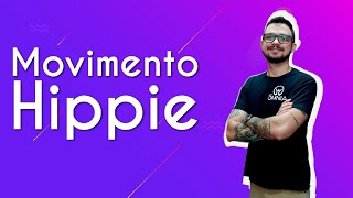 "Movimento Hippie" escrito sobre fundo roxo ao lado da imagem do professor