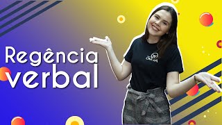 "Regência verbal" escrito sobre fundo colorido ao lado da imagem da professora