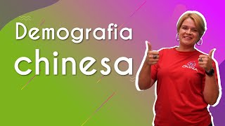"Demografia Chinesa" escrito sobre fundo colorido ao lado da imagem da professora