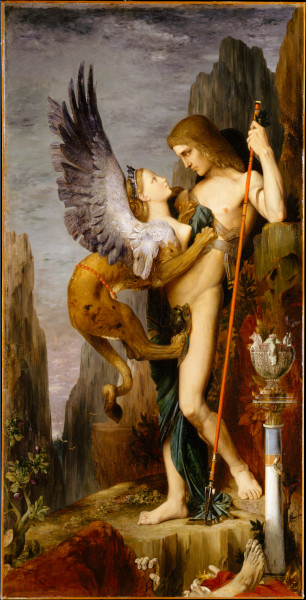 Édipo e a esfinge em pintura de Gustave Moreau.