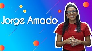 "Jorge Amado" escrito sobre fundo colorido ao lado da imagem da professora