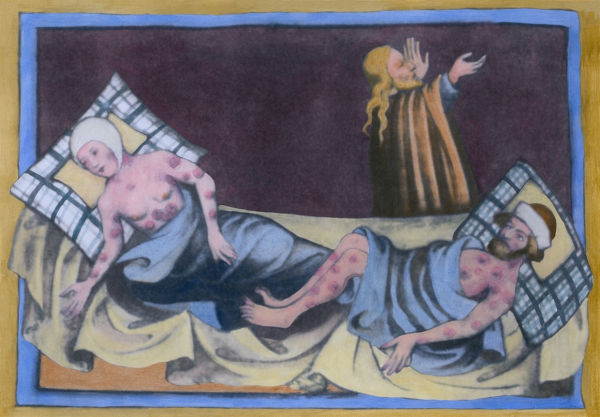 Ilustração de pessoas acometidas por peste negra, que causou a morte de cerca de 1/3 da população na Idade Média.