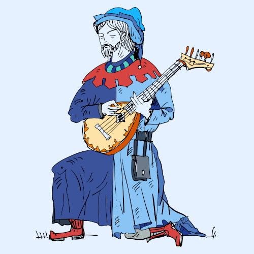 Ilustração de um jogral medieval tocando um alaúde.