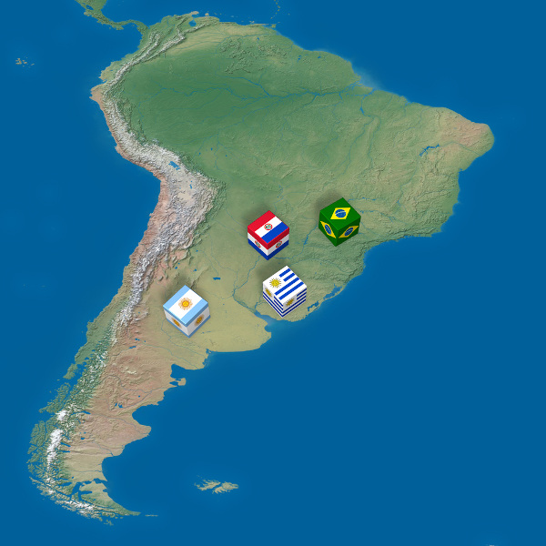 Localização geográfica dos países-membros (fundadores) do Mercosul.