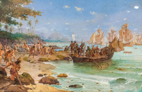 Pintura representando as caravelas na ocasião do descobrimento do Brasil.