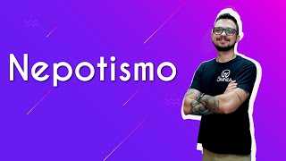 "Nepotismo" escrito sobre fundo roxo ao lado da imagem do professor