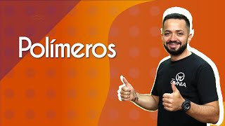 "Polímeros" escrito sobre fundo alaranjado ao lado da imagem do professor