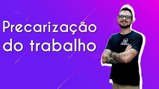 "Precarização do trabalho" escrito sobre fundo roxo ao lado da imagem do professor