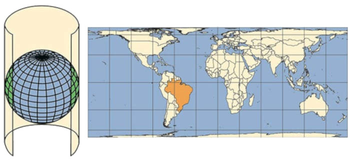 Projeção cilíndrica no mapa-múndi.