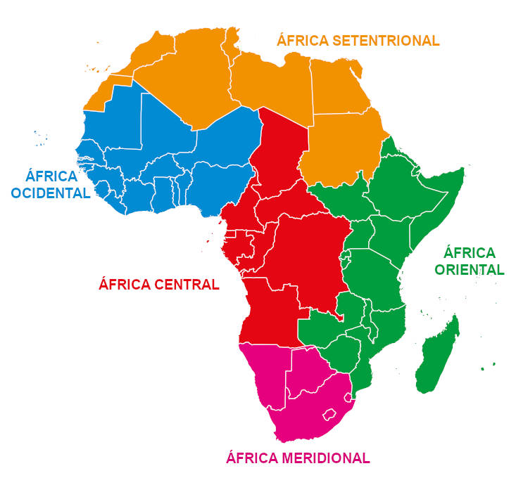 Mapa da África com destaque nas regiões do continente.