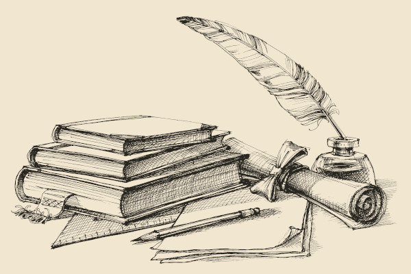 Desenho de livros, papel, tinta e pena, símbolos que evocam o fazer literário.