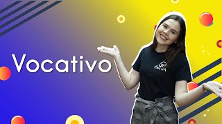 "Vocativo" escrito sobre fundo colorido ao lado da imagem da professora