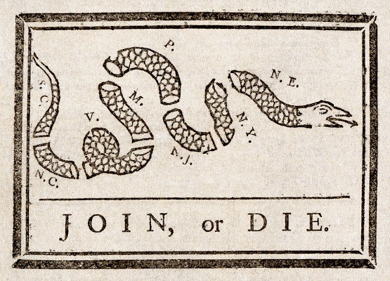 Em 1754, no Congresso de Albany, Franklin propôs a união de todas as colônias inglesas na América do Norte como forma de proteção dos franceses. [1]
