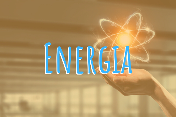 Palavra "energia" escrito sobre imagem de uma mão segurando um átomo.