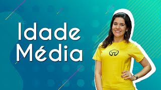 "Idade Média" escrito sobre fundo verde ao lado da imagem da professora