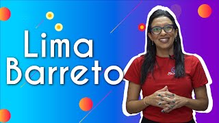 "Lima Barreto" escrito sobre fundo colorido ao lado da imagem da professora
