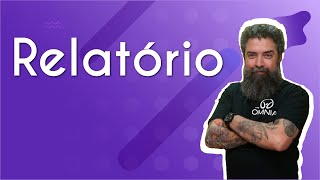 "Relatório" escrito sobre fundo roxo ao lado da imagem do professor