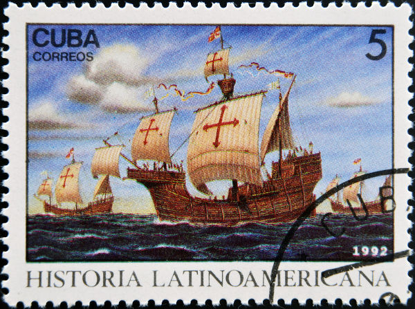 Selo usado em Cuba, no ano de 1992, comemorativo aos 400 anos da chegada de Colombo à América. 