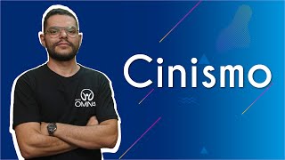 "Cinismo" escrito sobre fundo azul ao lado da imagem do professor