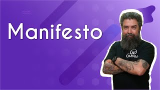 Professor ao lado do texto"Manifesto" em fundo roxo.
