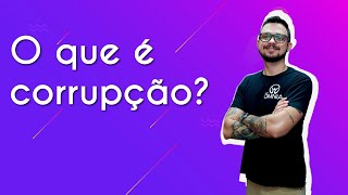 Professor ao lado do texto"O que é corrupção?" em fundo roxo.