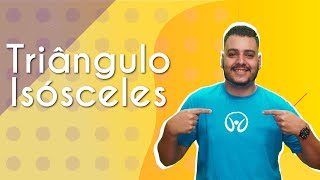 Professor ao lado do escrito "Triângulo isósceles" em fundo amarelo.