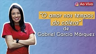 "“Amor nos tempos do cólera”, de Gabriel García Márquez" escrito sobre fundo roxo ao lado da imagem da professora