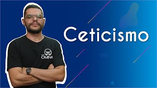 "Ceticismo" escrito sobre fundo azul ao lado da imagem do professor