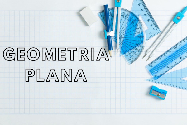 Frase "geometria plana" escrito em fundo quadriculado com objetos escolares.