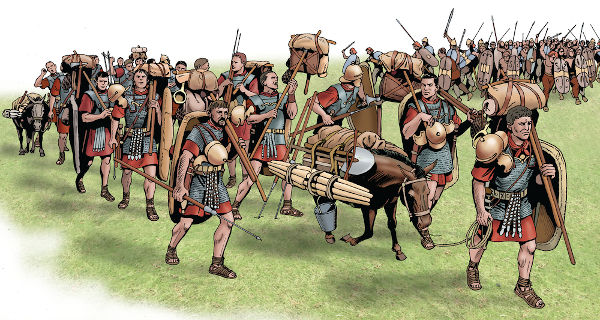 Guerreiros celtas (ao fundo) iniciando um ataque contra tropas romanas. A ferocidade do guerreiro celta foi registrada por gregos e romanos.