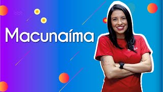 "Macunaíma" escrito sobre fundo colorido ao lado da imagem da professora