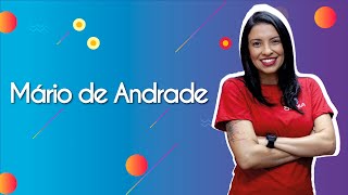 "Mário de Andrade" escrito sobre fundo colorido ao lado da imagem da professora