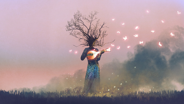 Ilustração de uma mulher tocando um instrumento de corda. Em sua cabeça há galhos de árvores, em alusão ao poema.