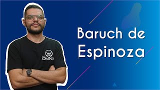 "Baruch de Espinoza" escrito sobre fundo azul ao lado da imagem do professor