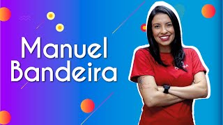 "Manuel Bandeira" escrito sobre fundo colorido ao lado da imagem da professora