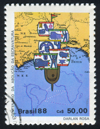 Selo brasileiro que mostra as rotas que os navios negreiros faziam em referência à Lei Eusébio de Queiroz.