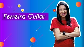 "Ferreira Gullar" escrito sobre fundo colorido ao lado da imagem da professora