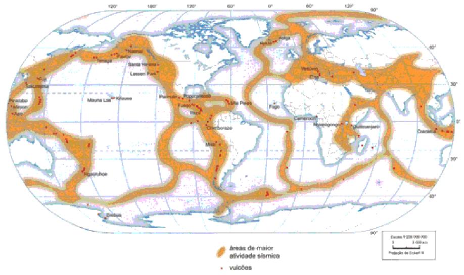 Mapa das placas tectônicas em referência aos terremotos.