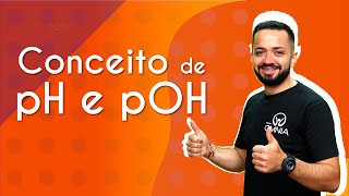 "Conceito de pH e pOH" escrito sobre fundo alaranjado ao lado da imagem do professor