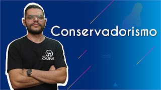 "Conservadorismo" escrito sobre fundo azul ao lado da imagem do professor