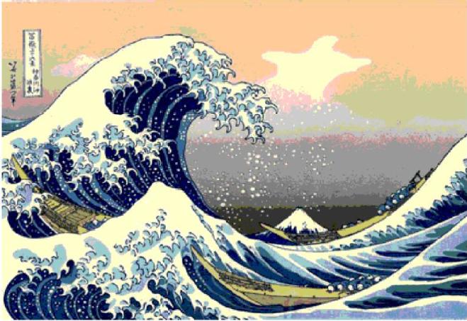 Uma das 33 gravuras da série Fuji, elaboradas entre 1823 e 1829, mostra um tsunami.